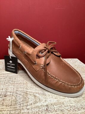 Sperry Tan Original Plushwave Distressed Leather 2 Eye Moccasin Boat Shoes